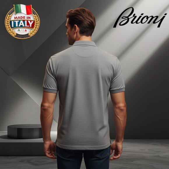 Brioni 100% Silk Polo Shirt Mens L Gray Short Sleeve 3-Button - Picture 4 of 9